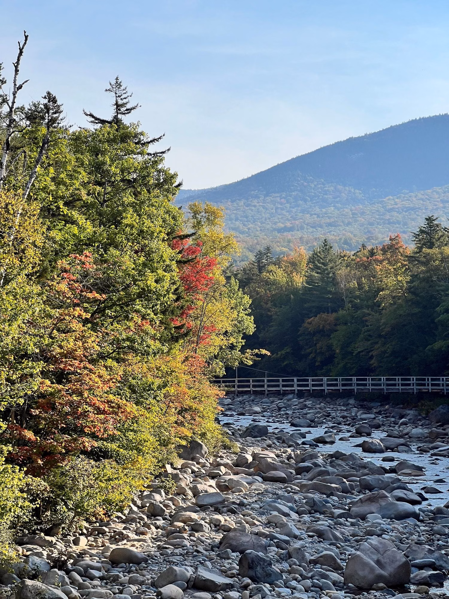 Boulder-filled river with a footbridge and mountain beyond in the White Mountains